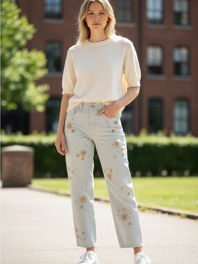 Frame Denim Low Slung Embellished Vanilla Bean Barrel Jeans with Floral Details